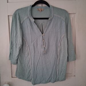 Democracy Sage Green Mixed Media Boho Buttoned Blouse